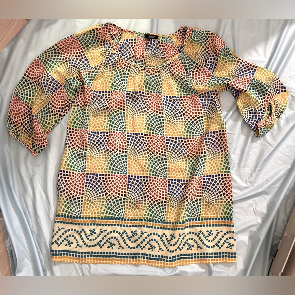 Tolani 100% Silk Multicolor Mosaic Print Peasant Tunic Blouse Top Sz S